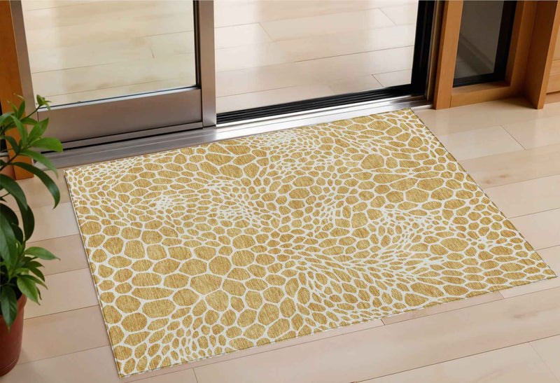 3' X 5' Gold And Ivory Geometric Washable Indoor Outdoor Area Rug