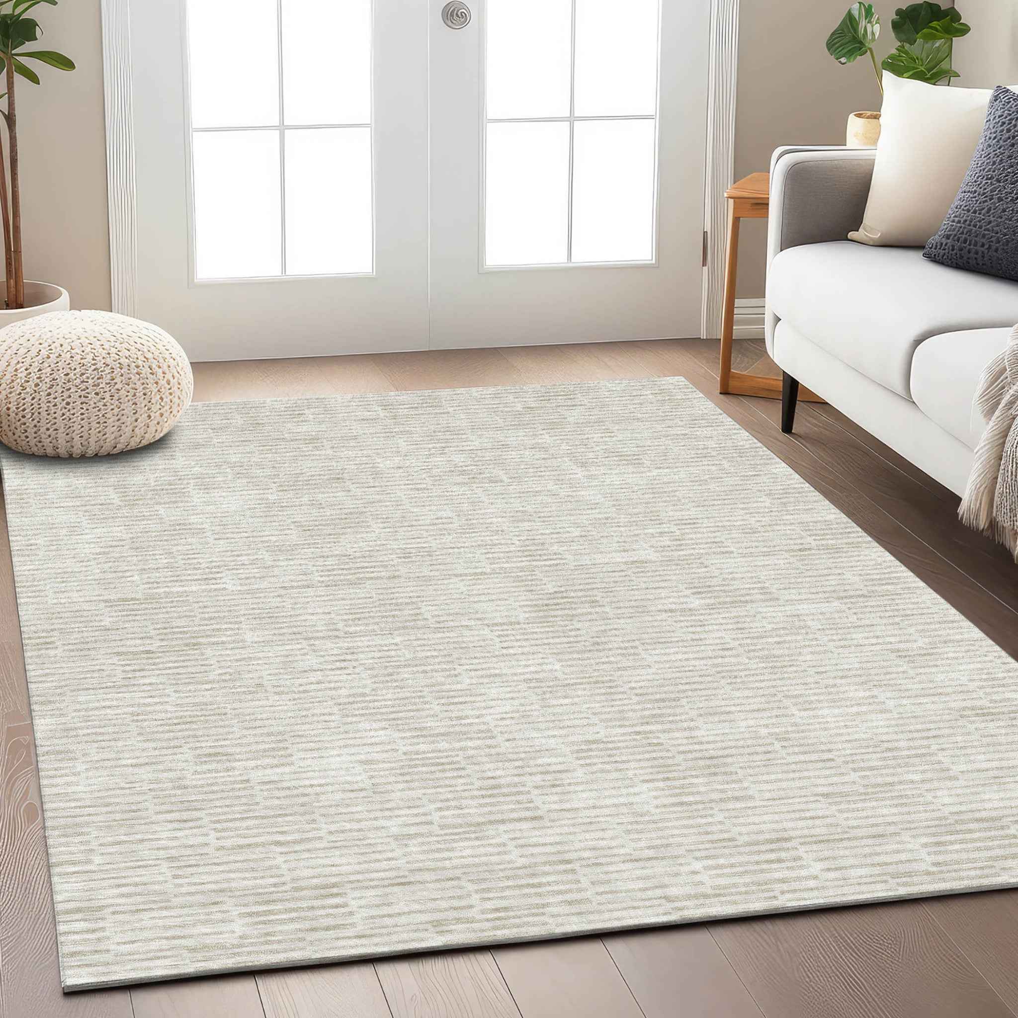 9' X 12' Ivory And Beige Geometric Washable Indoor Outdoor Area Rug