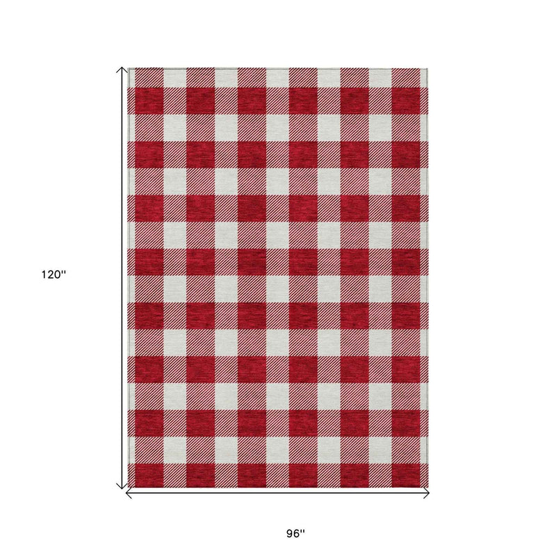 8' X 10' Red And Ivory Plaid Washable Indoor Outdoor Area Rug