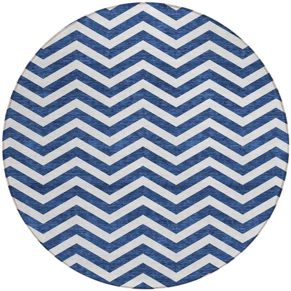 8' Navy Blue And Ivory Round Chevron Washable Indoor Outdoor Area Rug