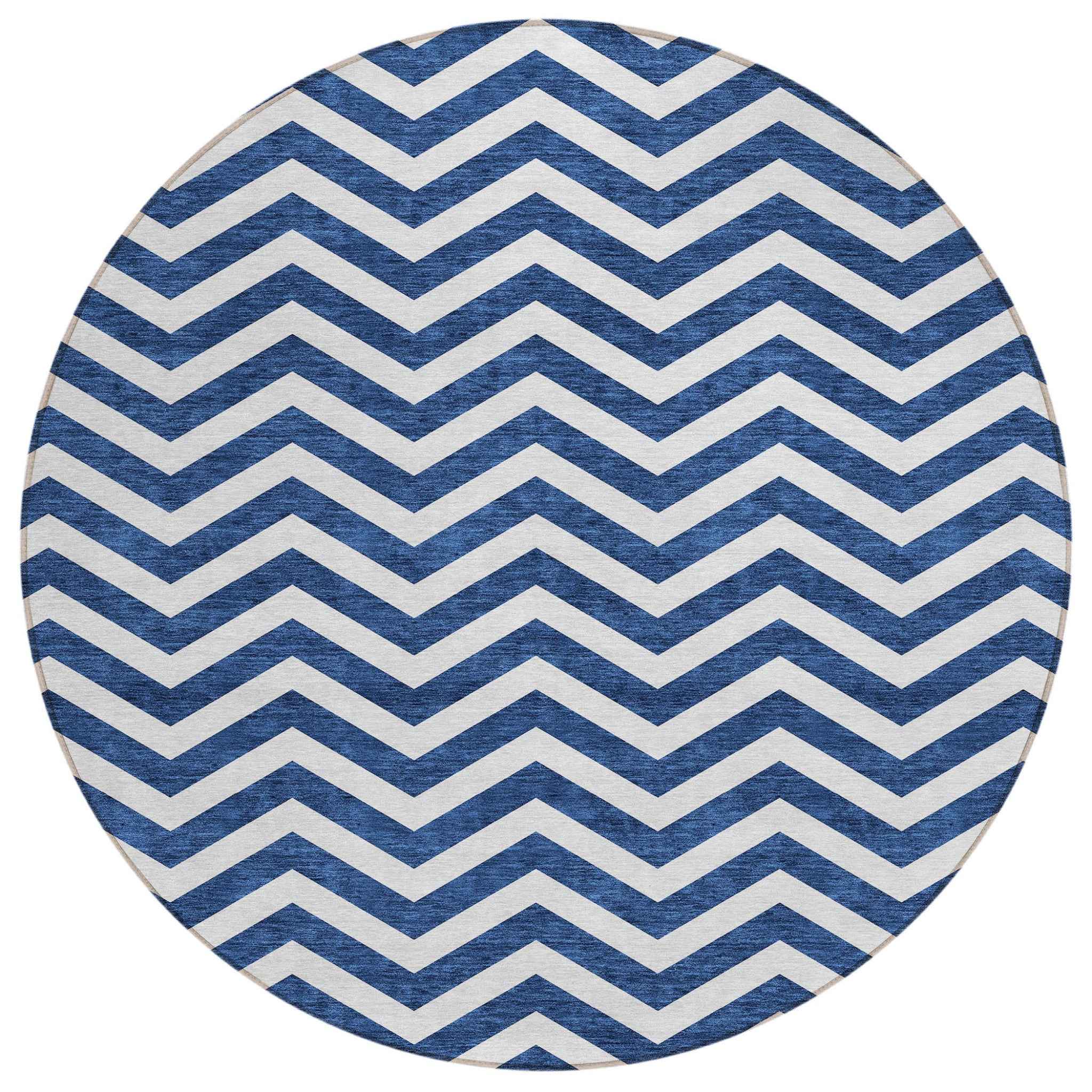 8' Navy Blue And Ivory Round Chevron Washable Indoor Outdoor Area Rug