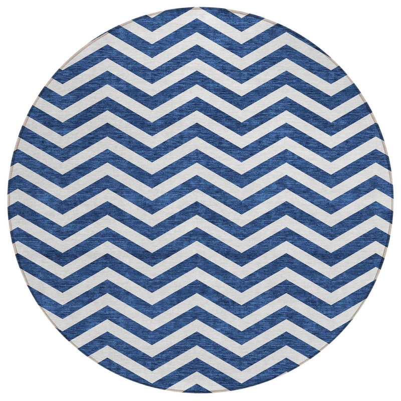 8' Navy Blue And Ivory Round Chevron Washable Indoor Outdoor Area Rug