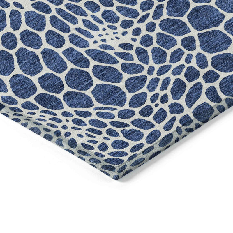 9' X 12' Navy Blue And Ivory Geometric Washable Indoor Outdoor Area Rug