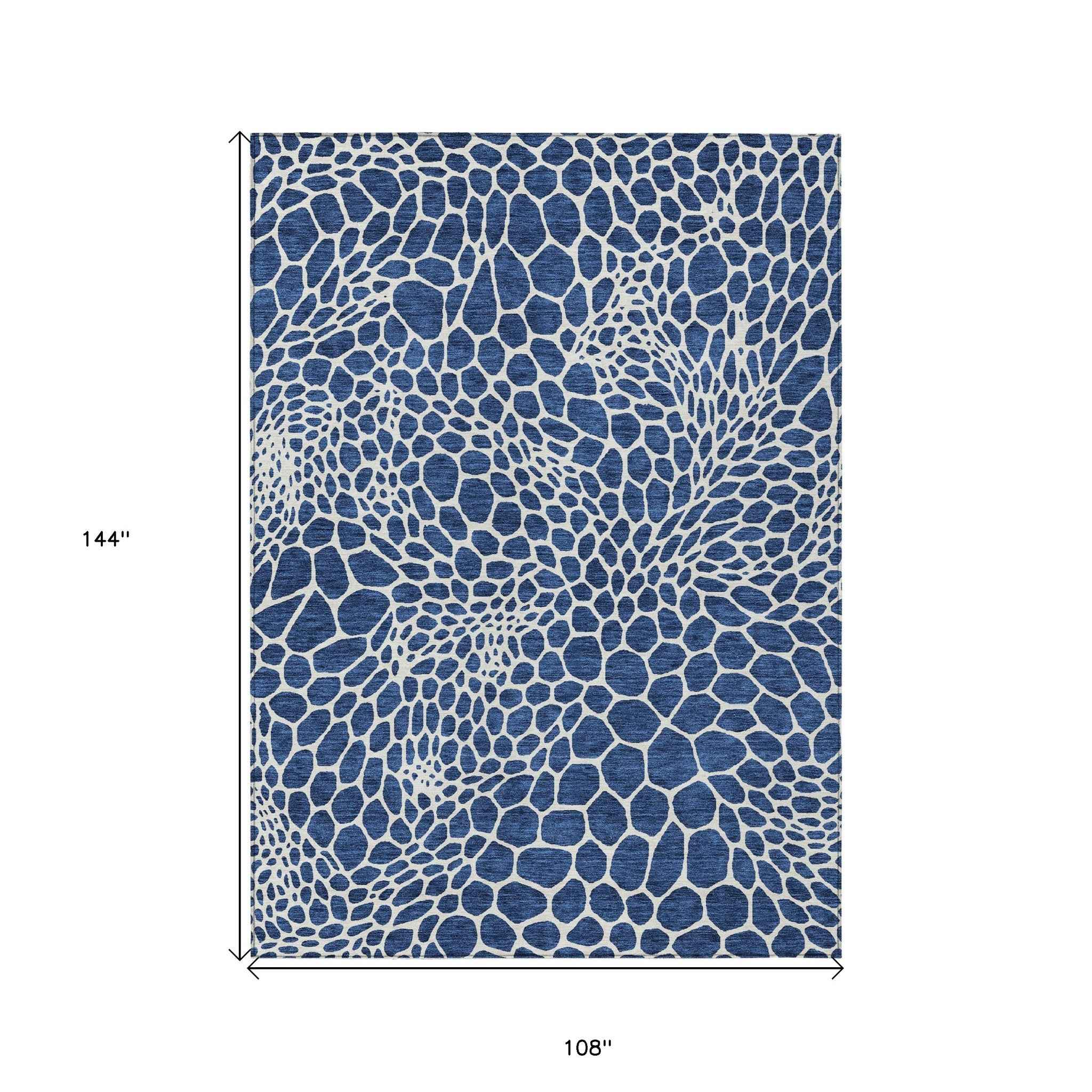 9' X 12' Navy Blue And Ivory Geometric Washable Indoor Outdoor Area Rug