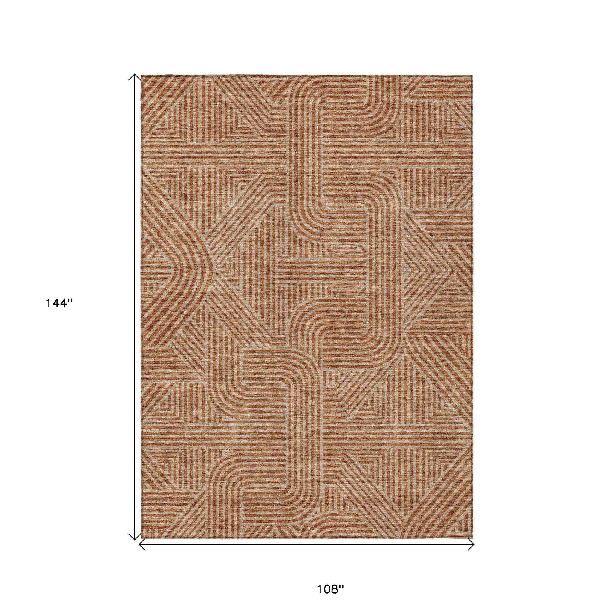 9' X 12' Terra Cotta And Brown Abstract Washable Indoor Outdoor Area Rug