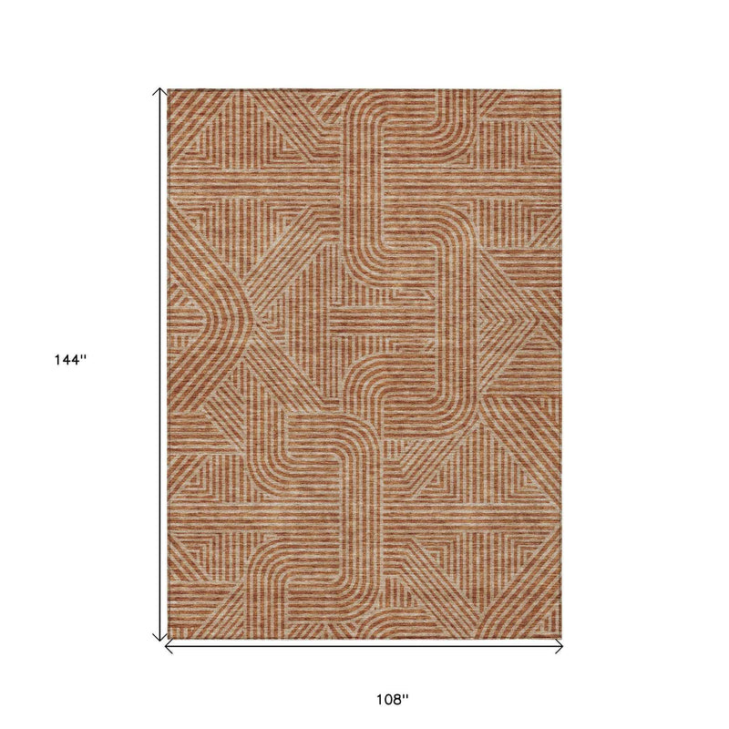 9' X 12' Terra Cotta And Brown Abstract Washable Indoor Outdoor Area Rug