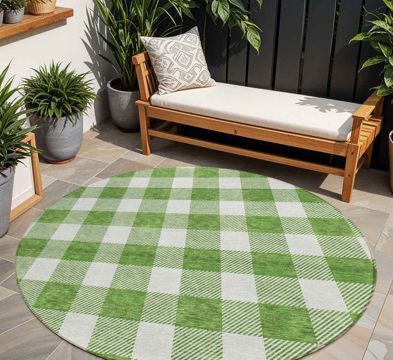 8' Green And Gray Round Plaid Washable Indoor Outdoor Area Rug