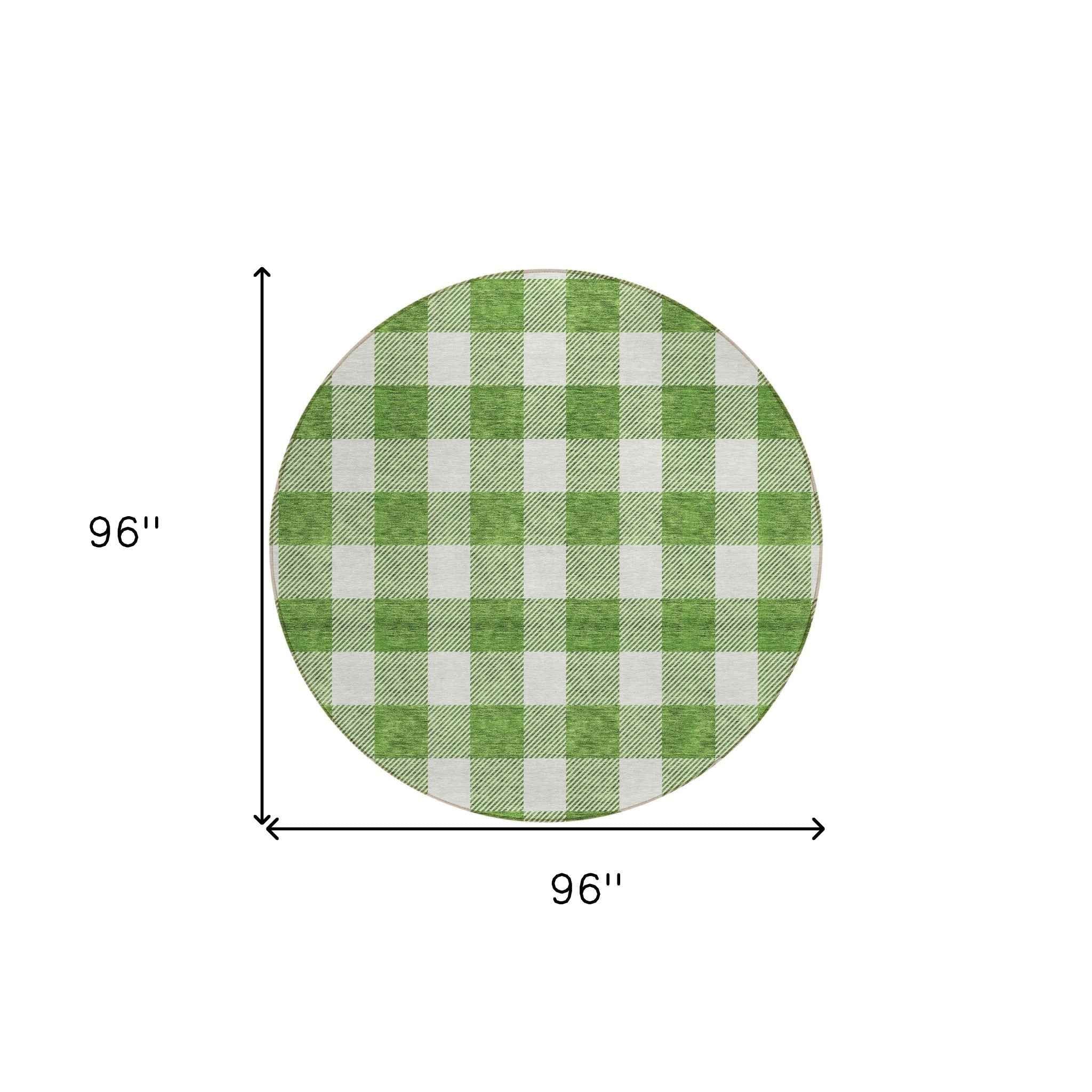 8' Green And Gray Round Plaid Washable Indoor Outdoor Area Rug