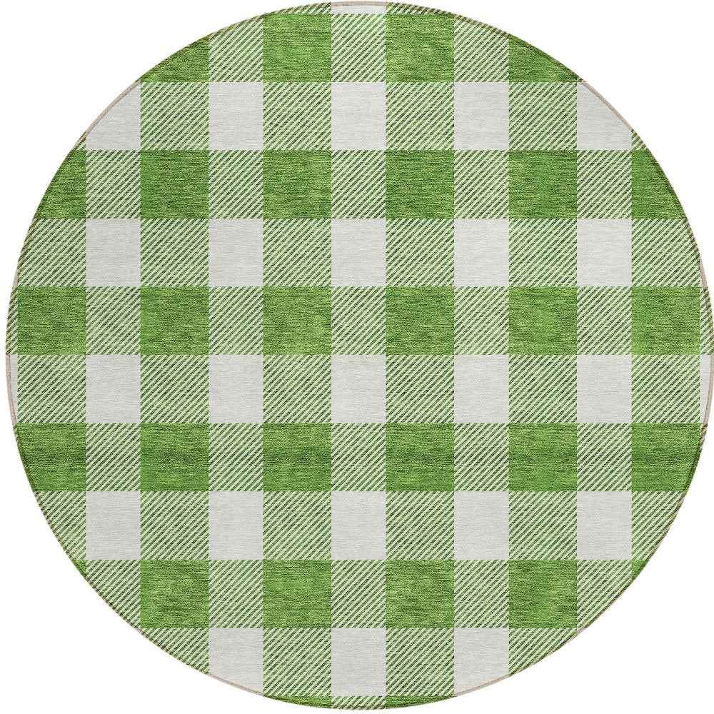 8' Green And Gray Round Plaid Washable Indoor Outdoor Area Rug