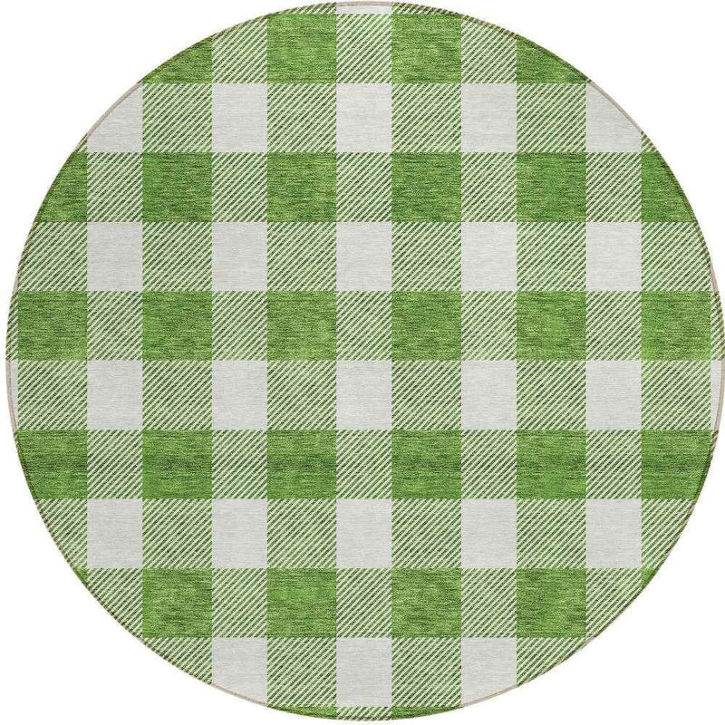 8' Green And Gray Round Plaid Washable Indoor Outdoor Area Rug