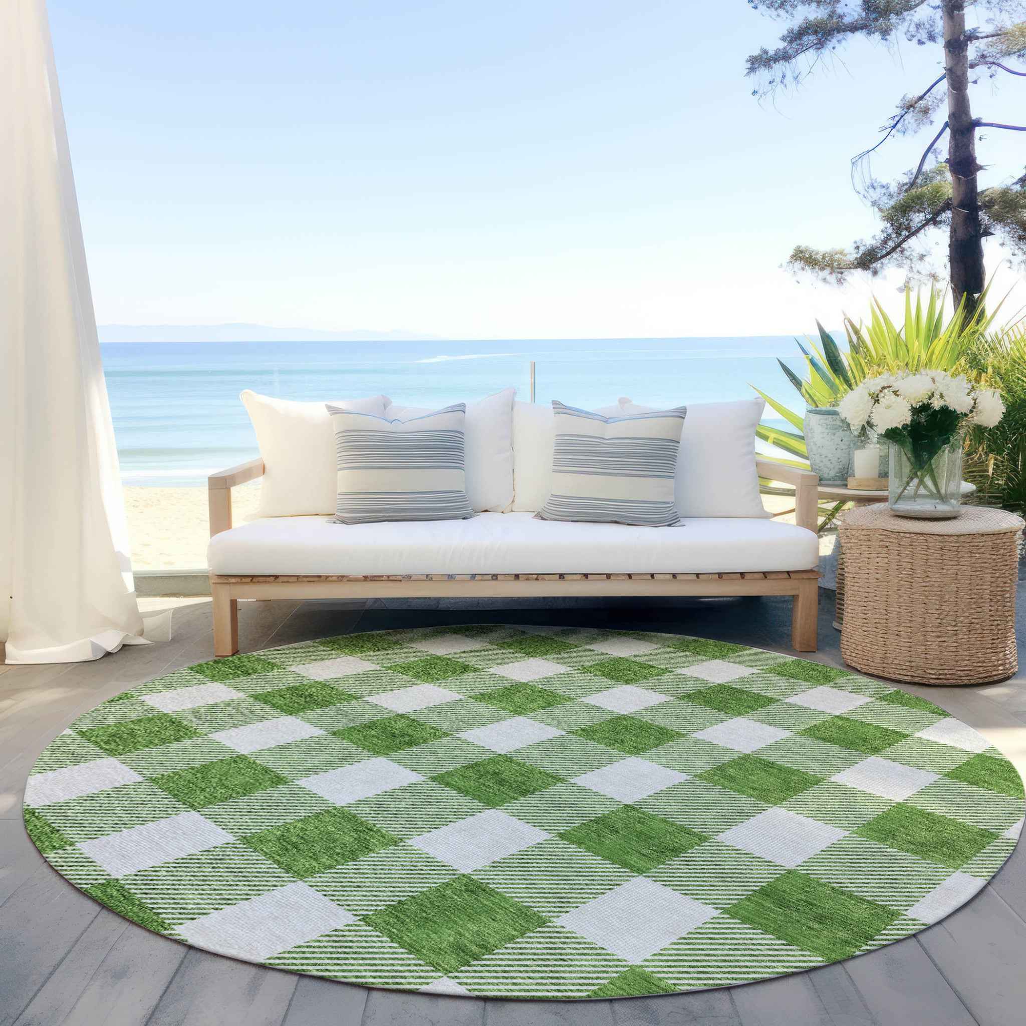 8' Green And Gray Round Plaid Washable Indoor Outdoor Area Rug
