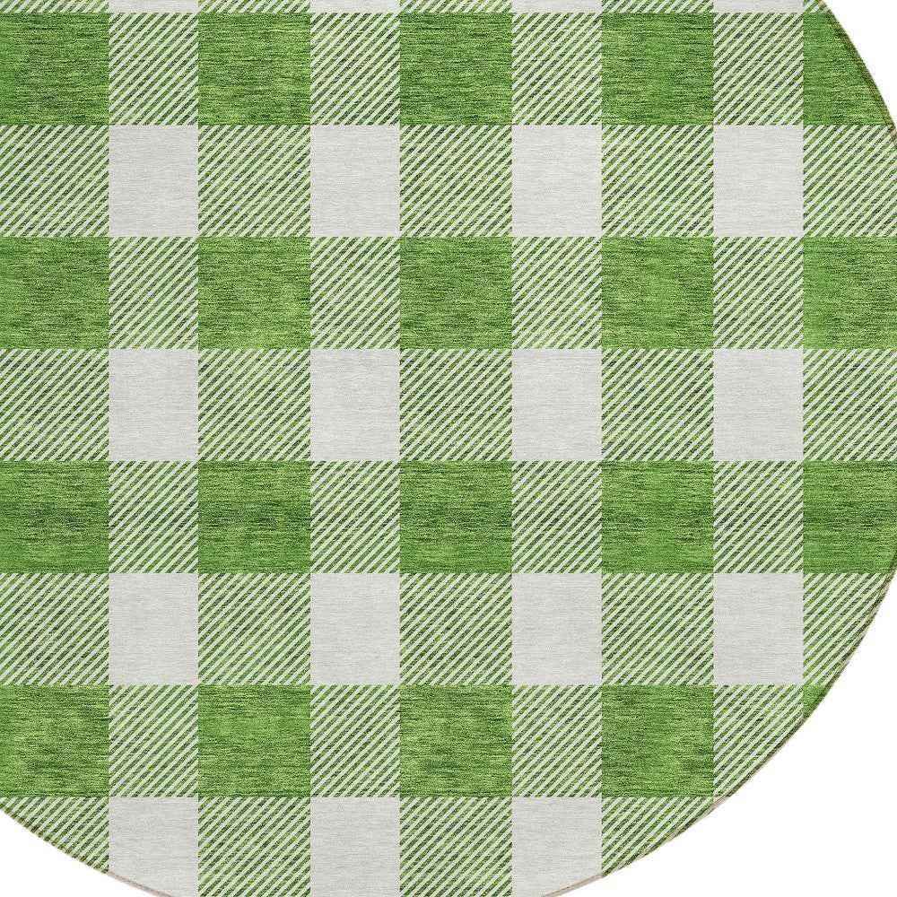 8' Green And Gray Round Plaid Washable Indoor Outdoor Area Rug