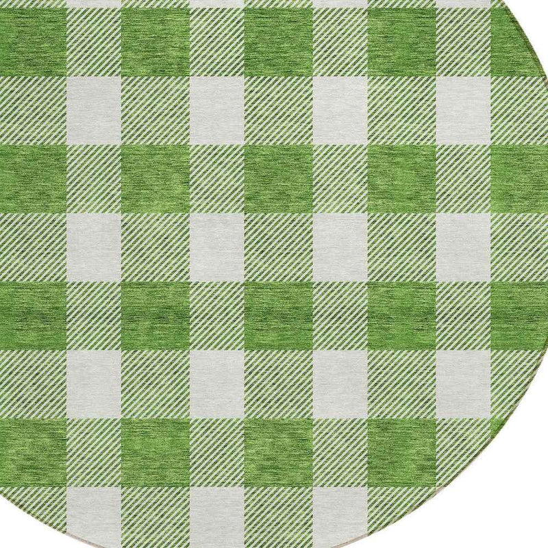8' Green And Gray Round Plaid Washable Indoor Outdoor Area Rug