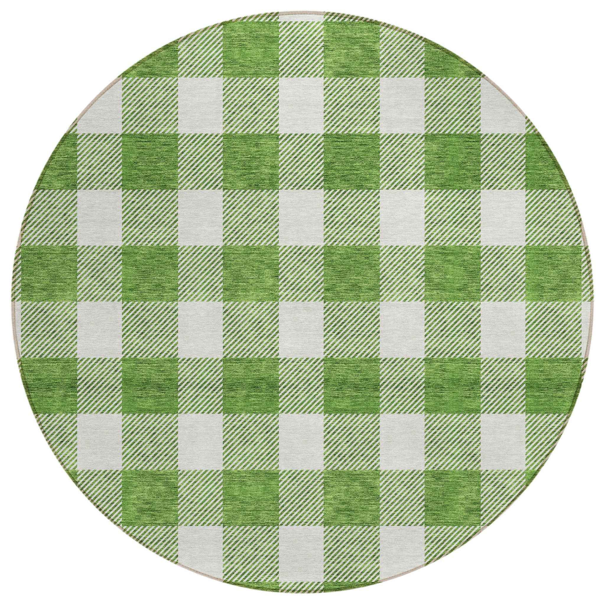 8' Green And Gray Round Plaid Washable Indoor Outdoor Area Rug