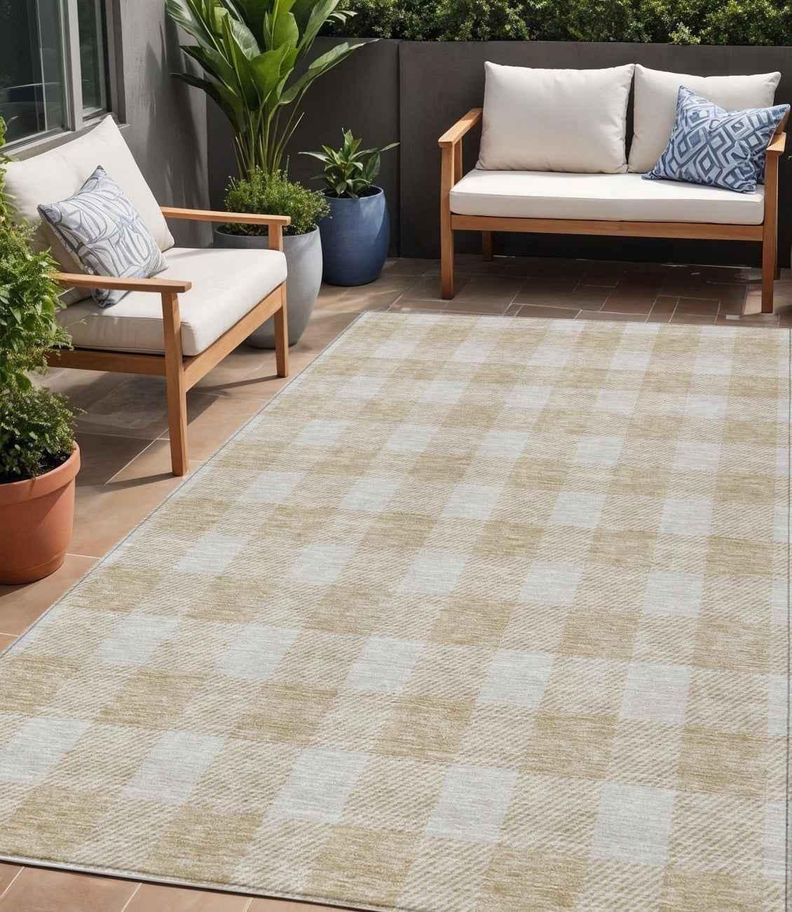 5' X 8' Beige And Gray Plaid Washable Indoor Outdoor Area Rug