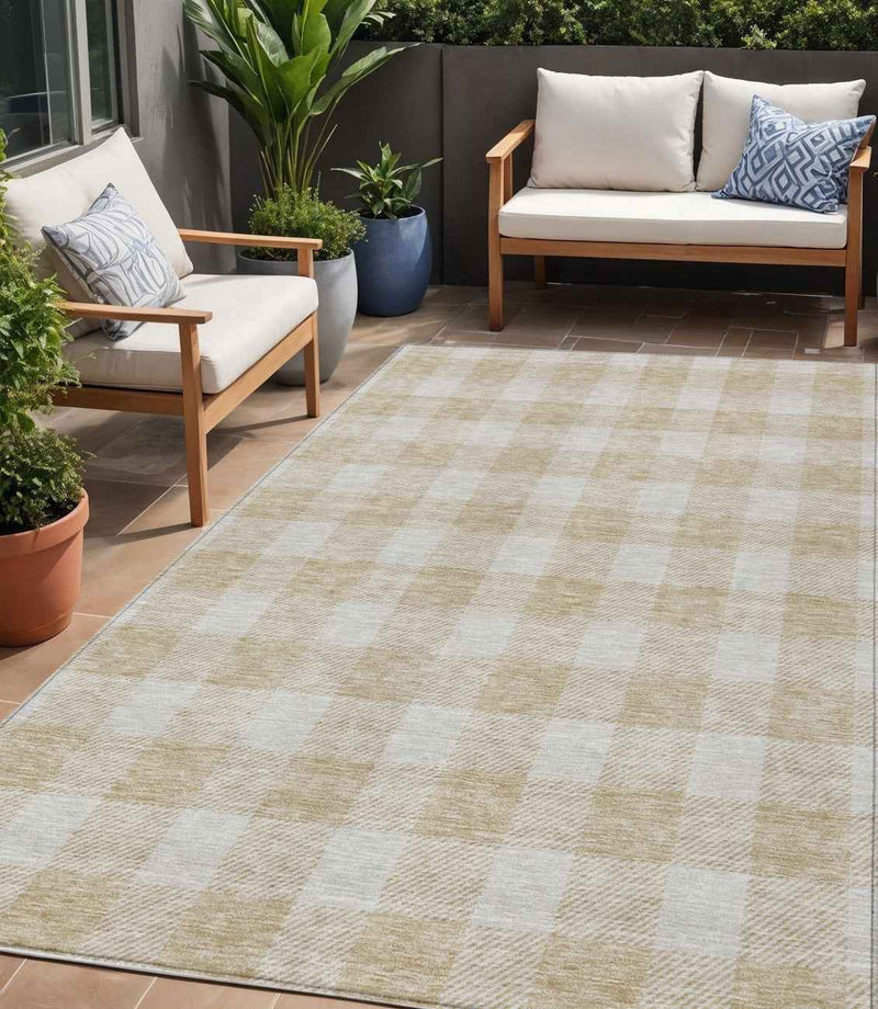 5' X 8' Beige And Gray Plaid Washable Indoor Outdoor Area Rug