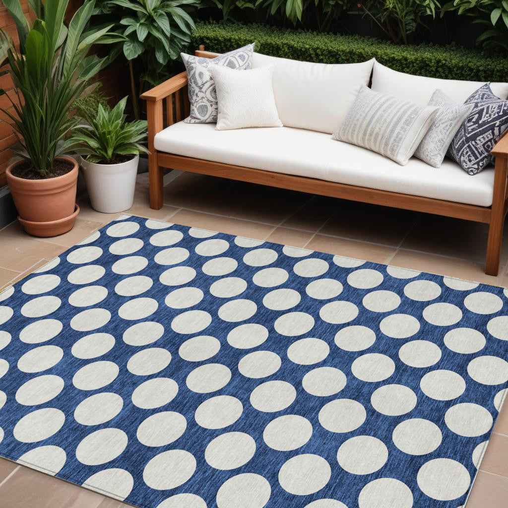 9' X 12' Navy Blue And Ivory Polka Dot Washable Indoor Outdoor Area Rug