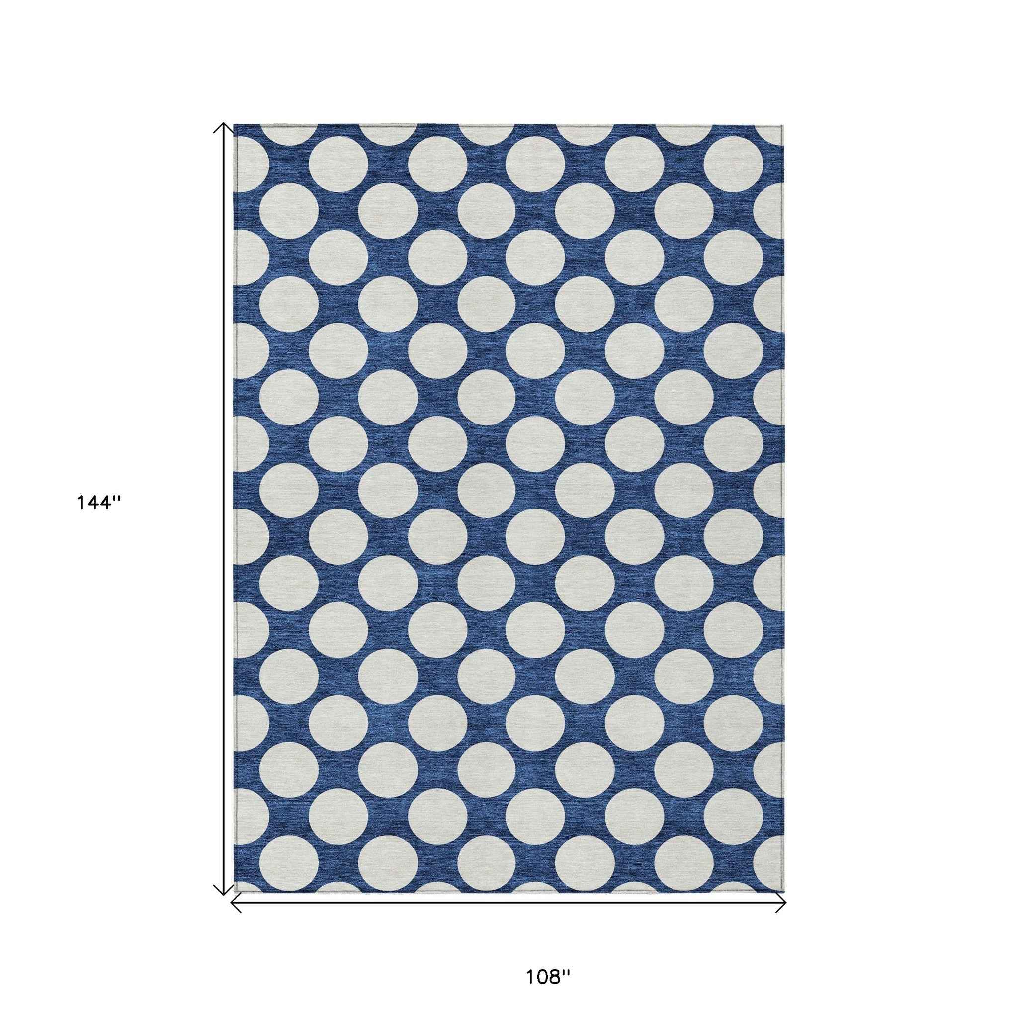 9' X 12' Navy Blue And Ivory Polka Dot Washable Indoor Outdoor Area Rug