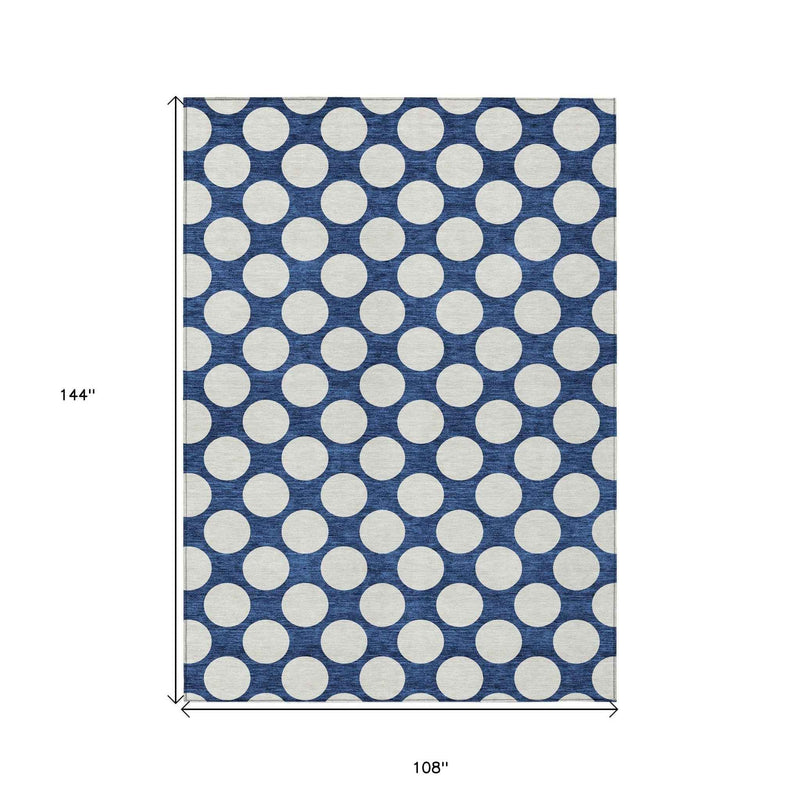 9' X 12' Navy Blue And Ivory Polka Dot Washable Indoor Outdoor Area Rug