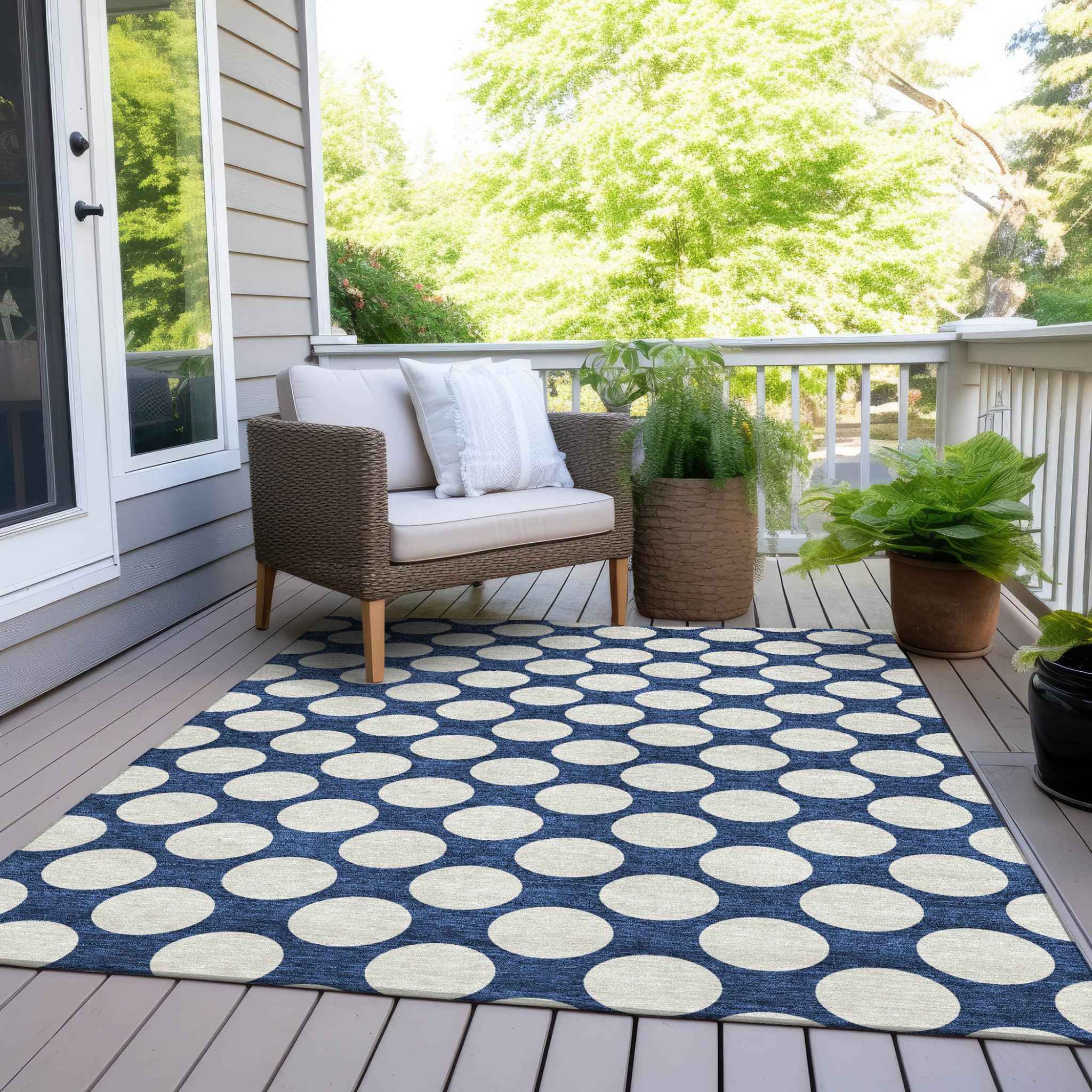 9' X 12' Navy Blue And Ivory Polka Dot Washable Indoor Outdoor Area Rug