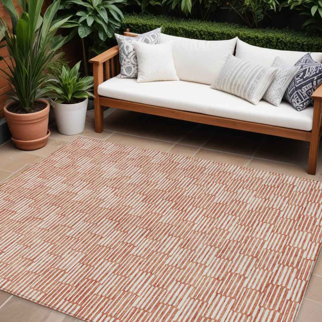 8' X 10' Salmon And Ivory Geometric Washable Indoor Outdoor Area Rug