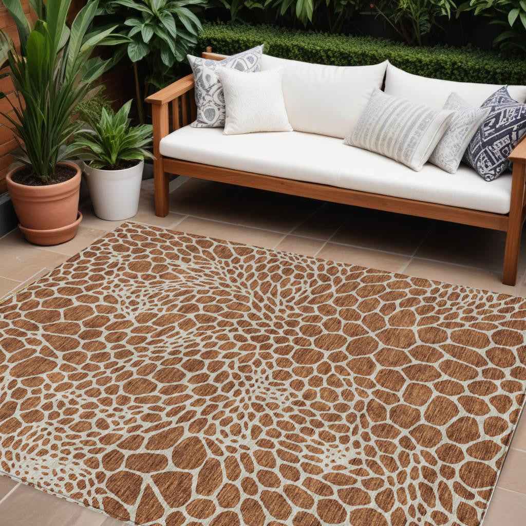 9' X 12' Brown And Beige Geometric Washable Indoor Outdoor Area Rug