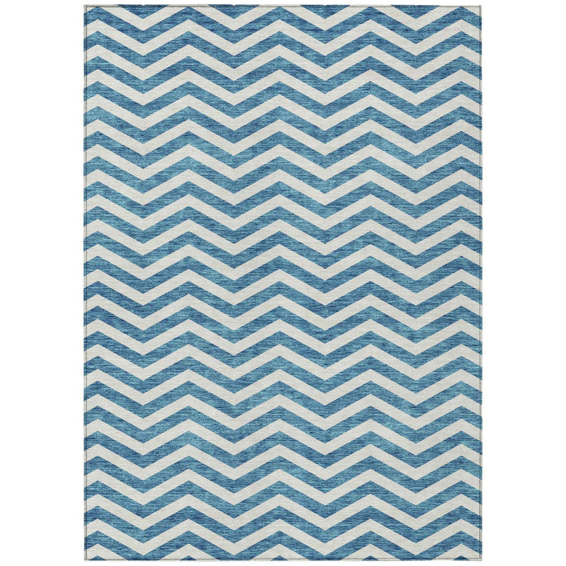 10' X 14' Teal Blue And Ivory Chevron Washable Indoor Outdoor Area Rug