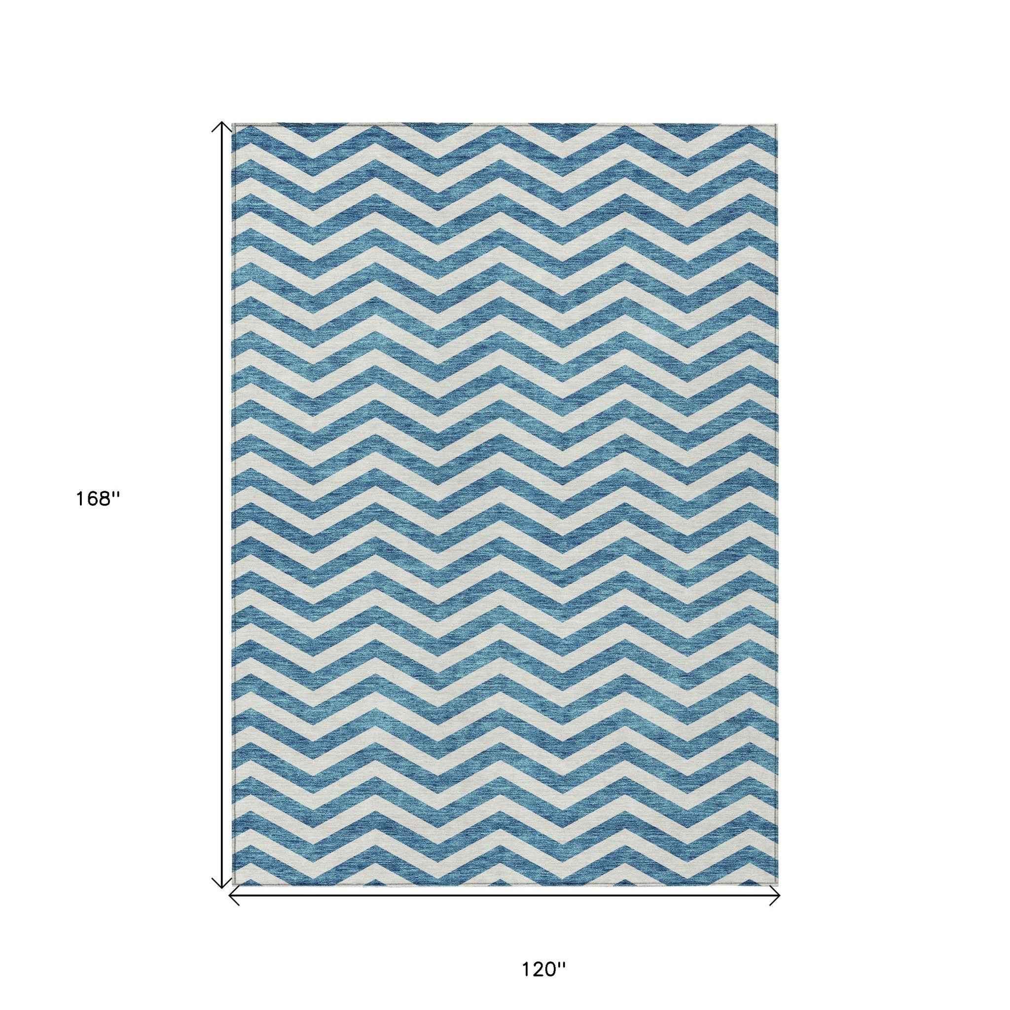 10' X 14' Teal Blue And Ivory Chevron Washable Indoor Outdoor Area Rug