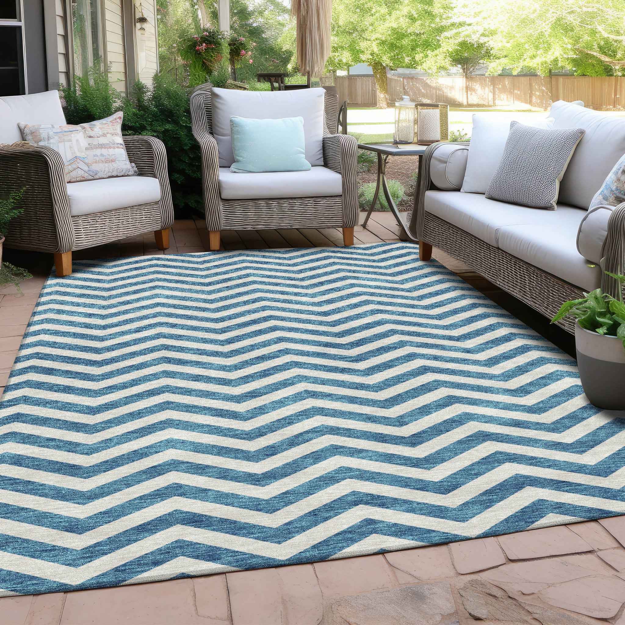 10' X 14' Teal Blue And Ivory Chevron Washable Indoor Outdoor Area Rug