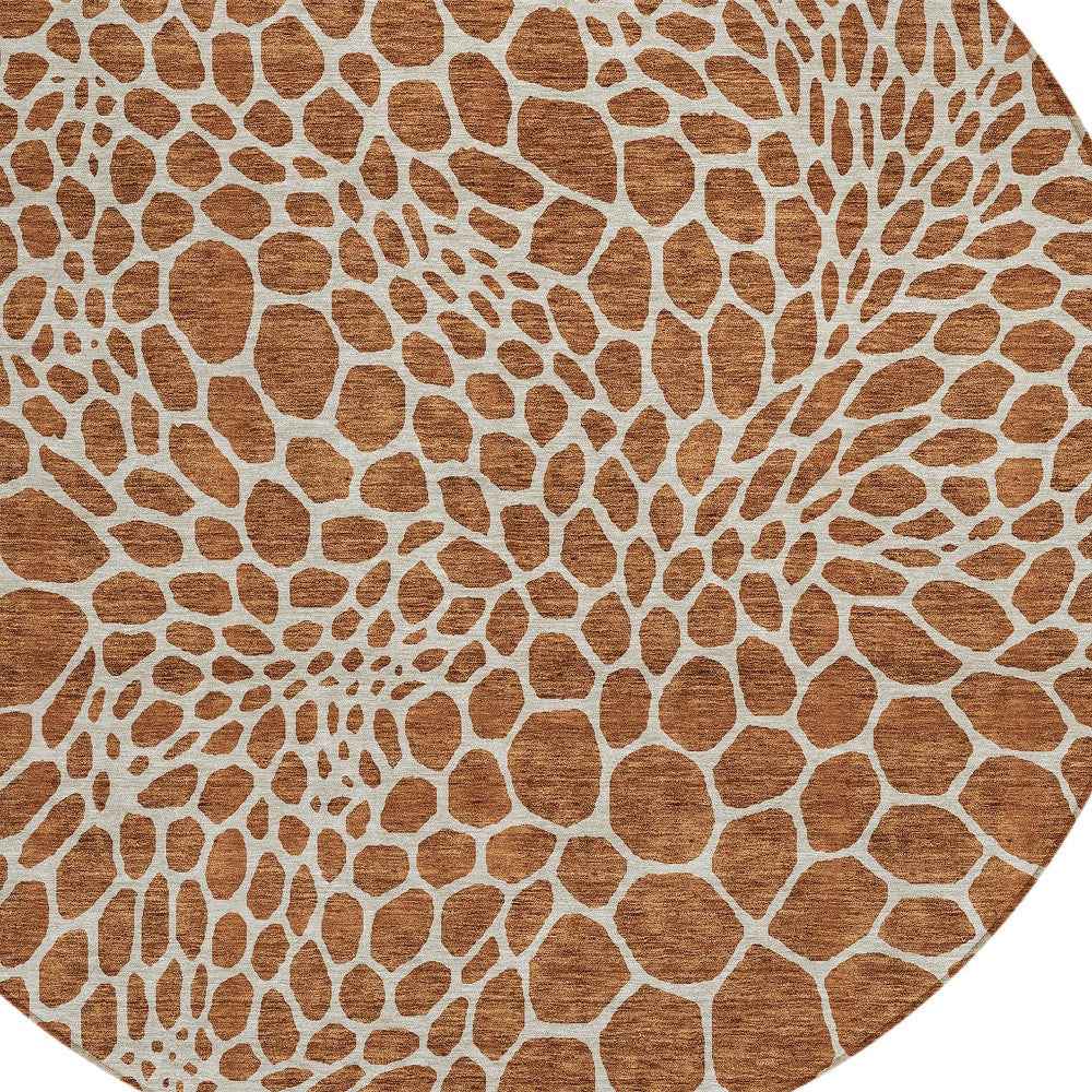 8' Brown And Beige Round Geometric Washable Indoor Outdoor Area Rug