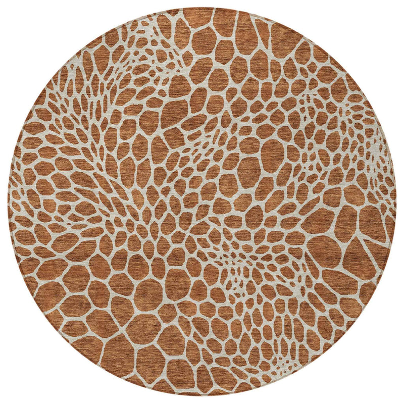 8' Brown And Beige Round Geometric Washable Indoor Outdoor Area Rug