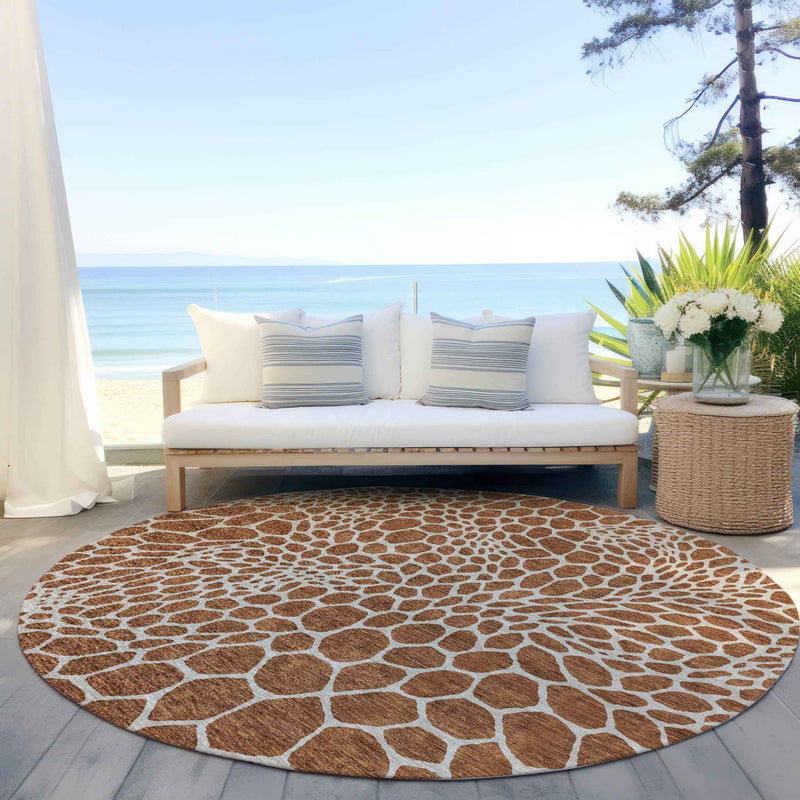 8' Brown And Beige Round Geometric Washable Indoor Outdoor Area Rug
