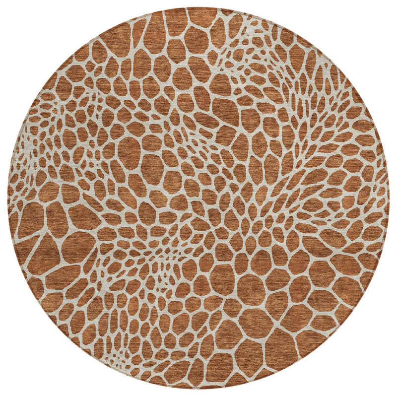 8' Brown And Beige Round Geometric Washable Indoor Outdoor Area Rug