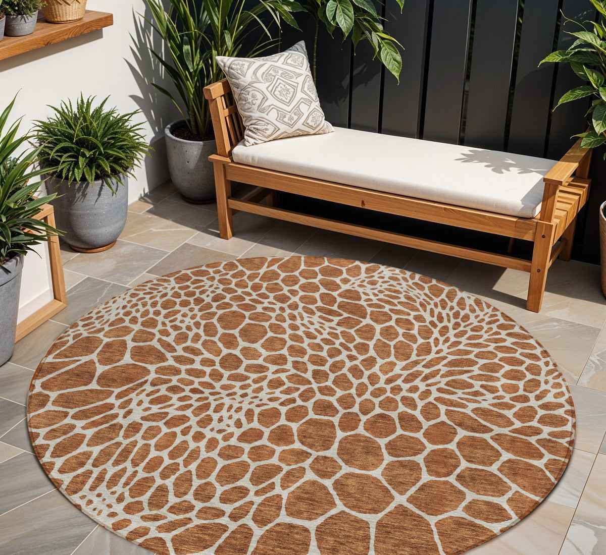 8' Brown And Beige Round Geometric Washable Indoor Outdoor Area Rug