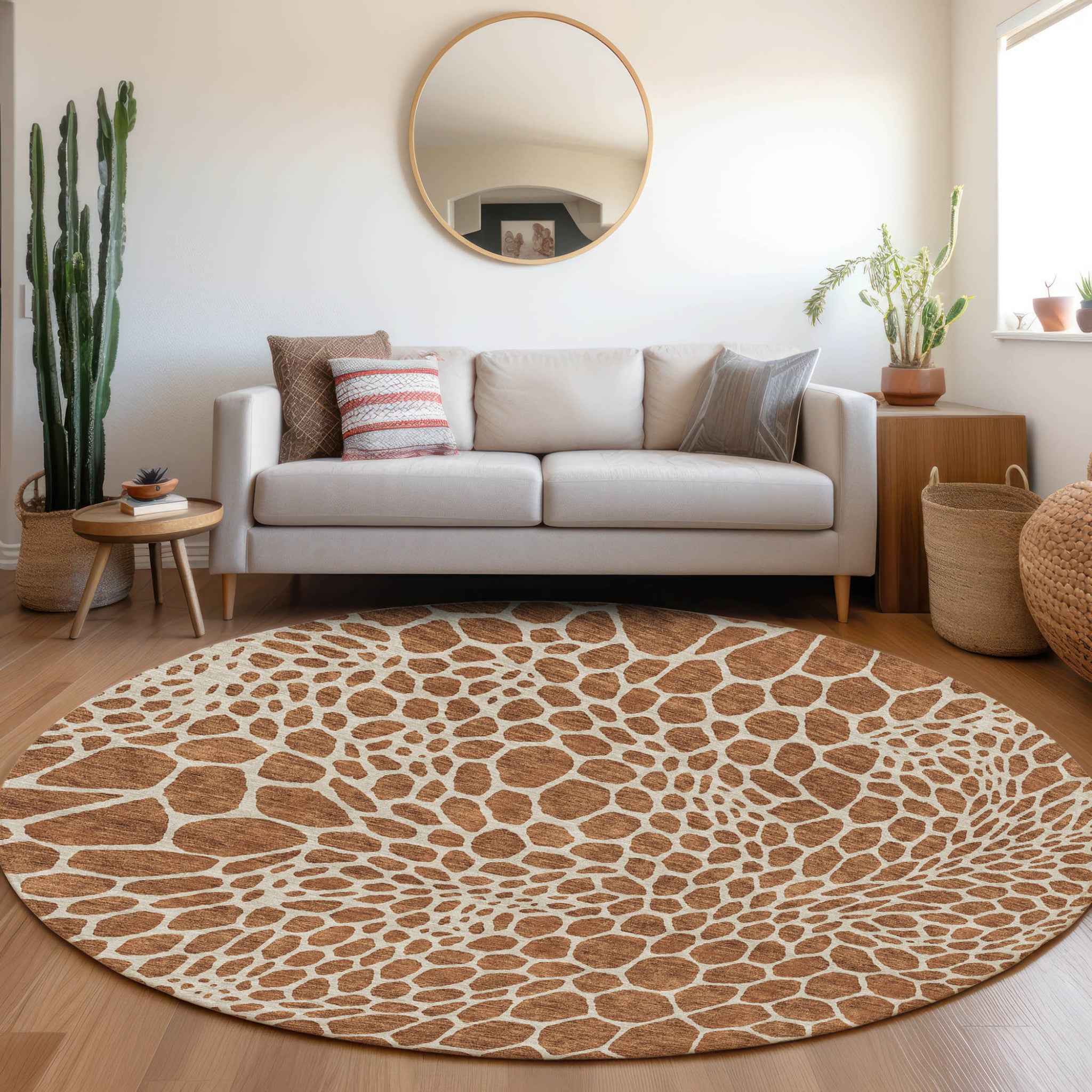 8' Brown And Beige Round Geometric Washable Indoor Outdoor Area Rug
