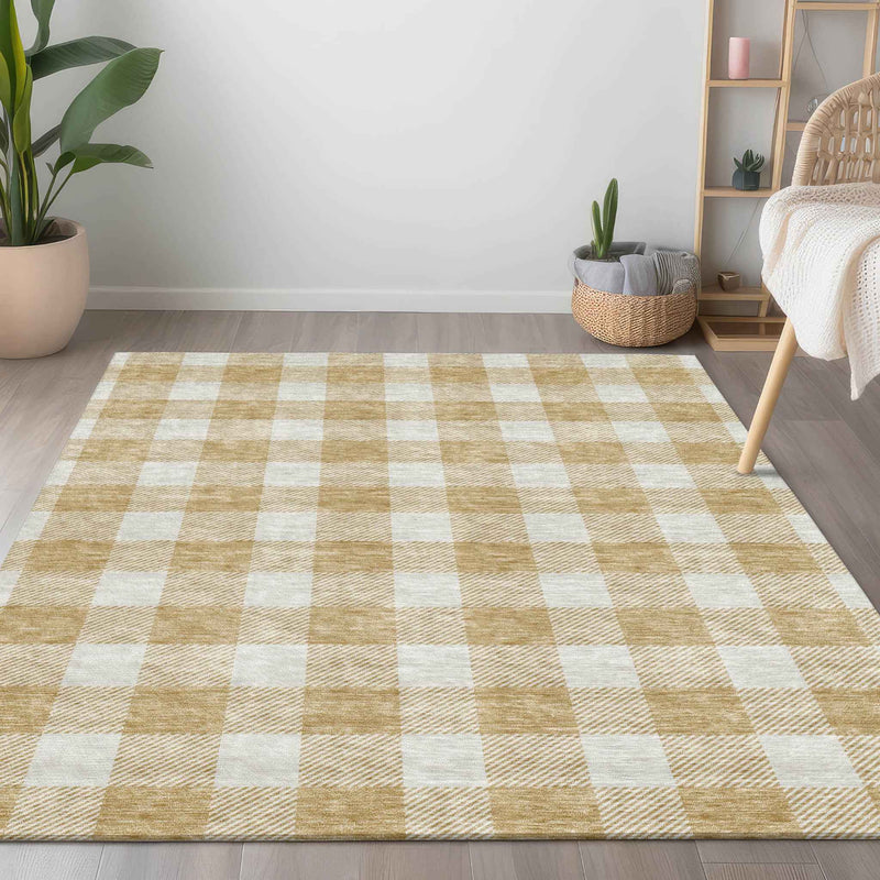 9' X 12' Gold And Beige Plaid Washable Indoor Outdoor Area Rug