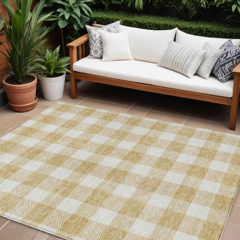 9' X 12' Gold And Beige Plaid Washable Indoor Outdoor Area Rug