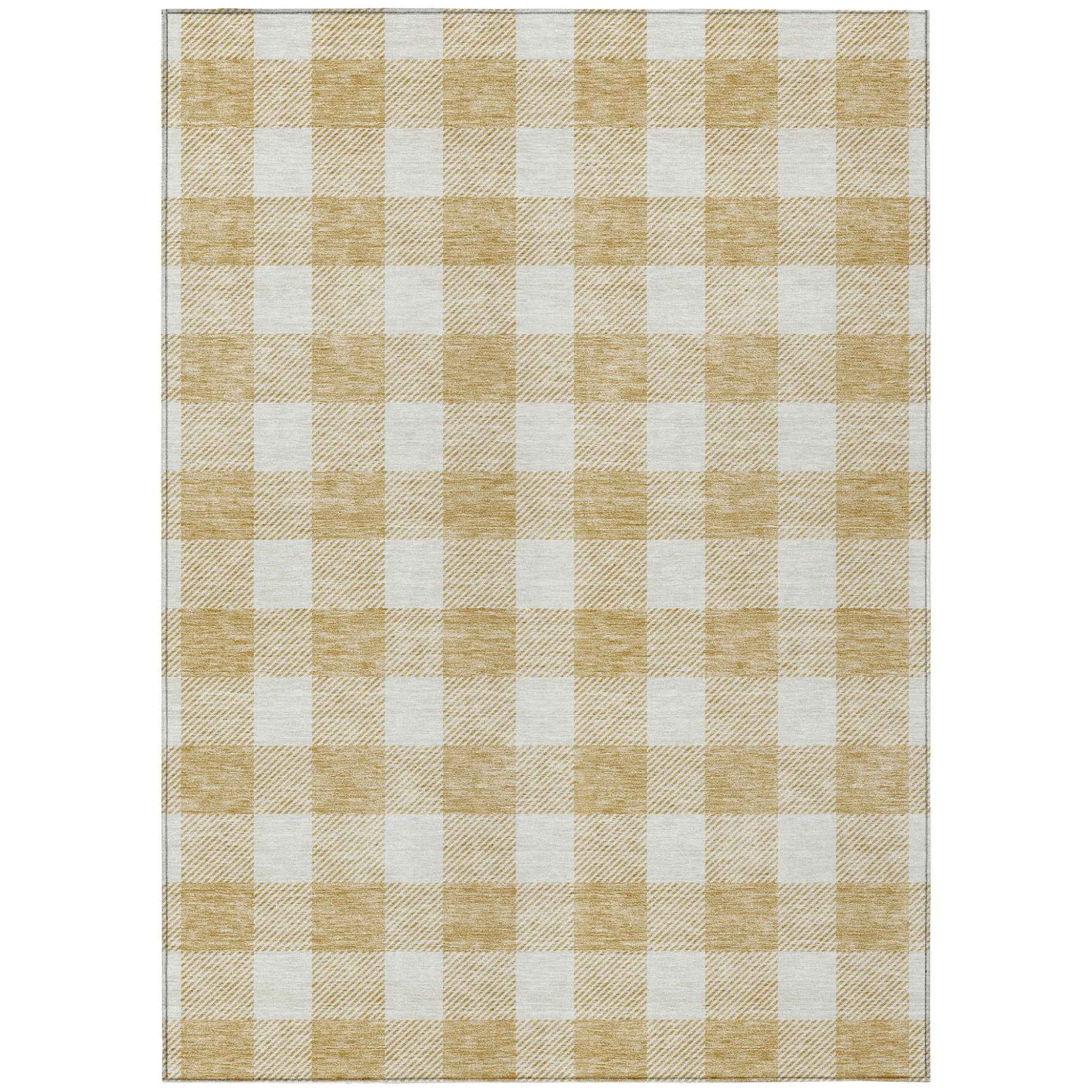 9' X 12' Gold And Beige Plaid Washable Indoor Outdoor Area Rug