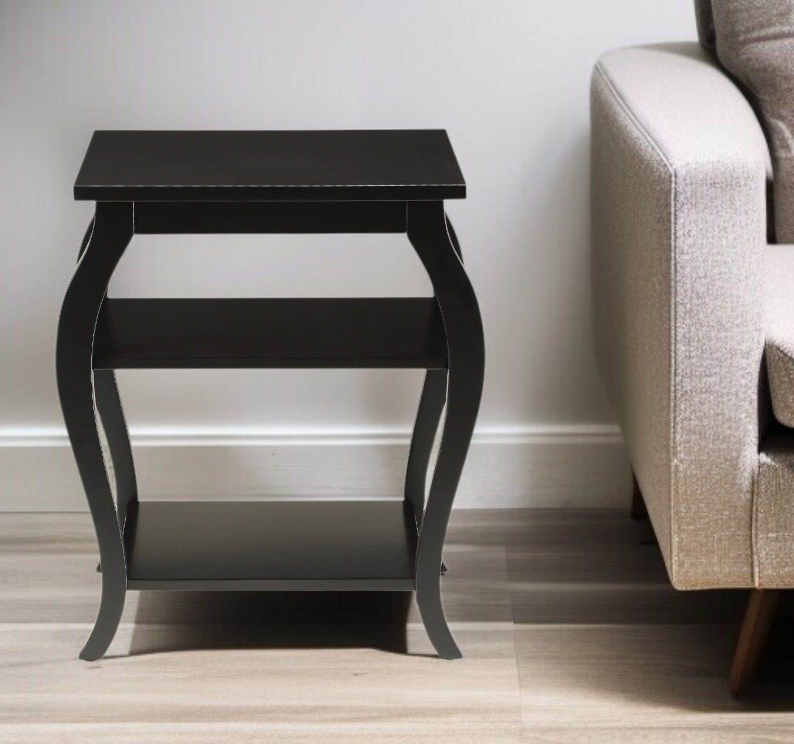 23" Black Wood Bow Leg End Table With Two Shelves - Living Room