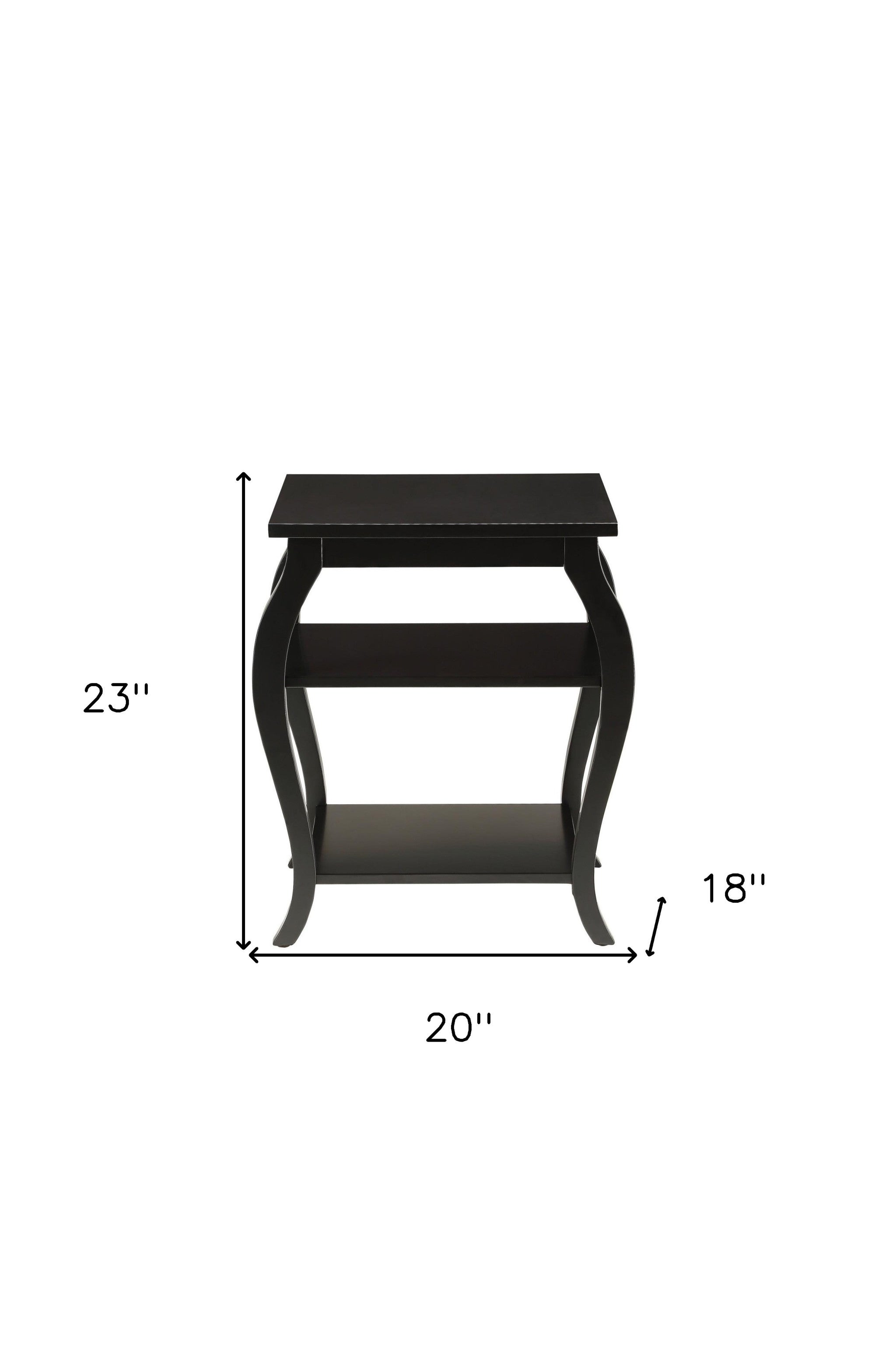 23" Black Wood Bow Leg End Table With Two Shelves - Living Room