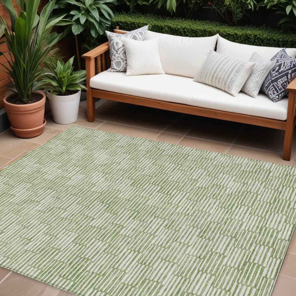 9' X 12' Green And Ivory Geometric Washable Indoor Outdoor Area Rug