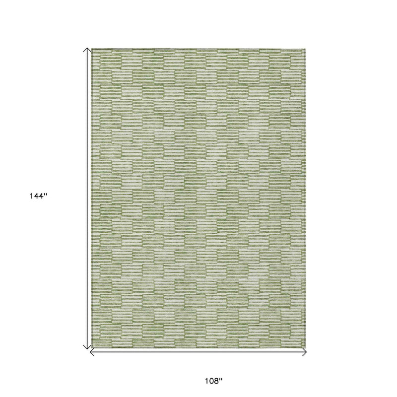 9' X 12' Green And Ivory Geometric Washable Indoor Outdoor Area Rug
