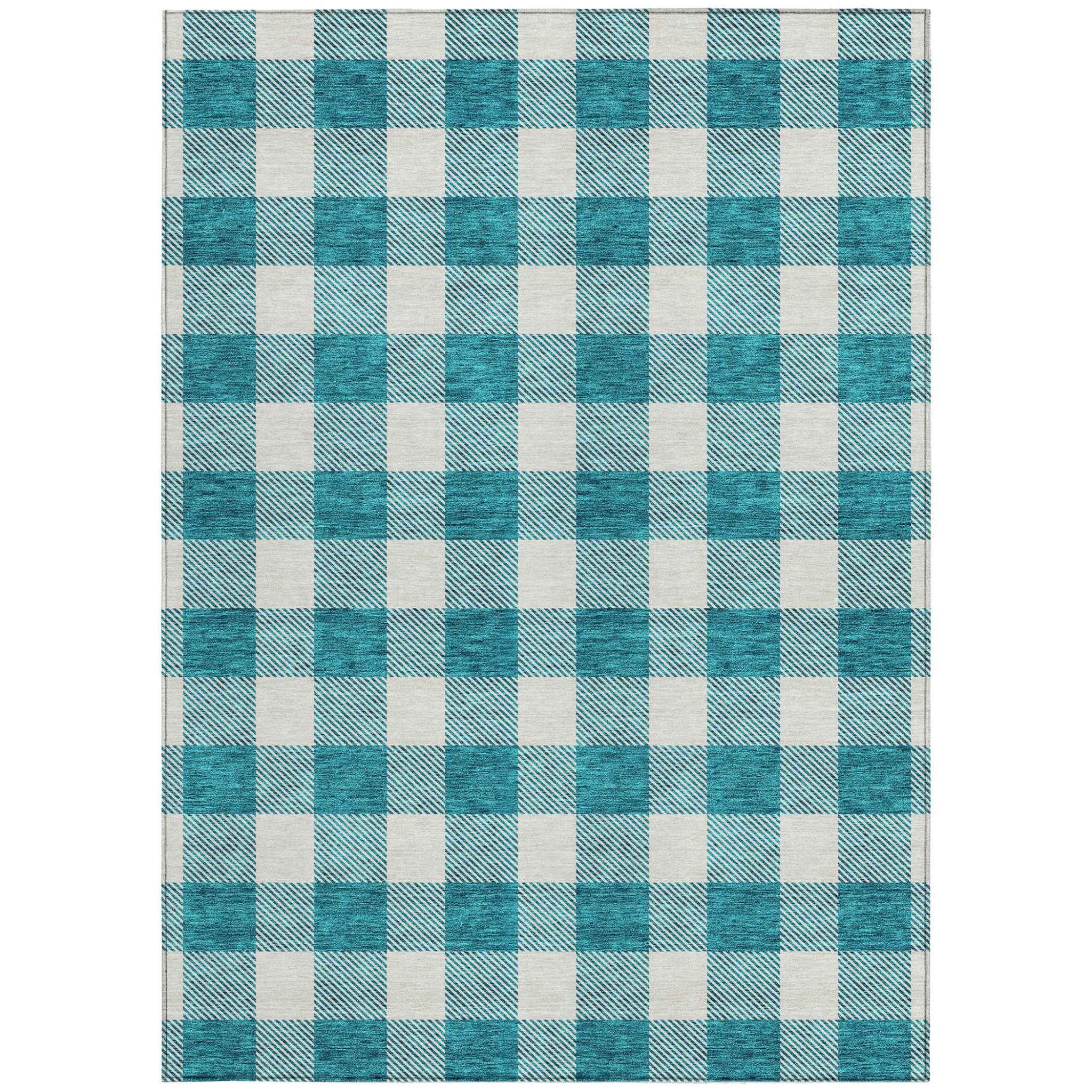 3' X 5' Teal Blue And Gray Plaid Washable Indoor Outdoor Area Rug