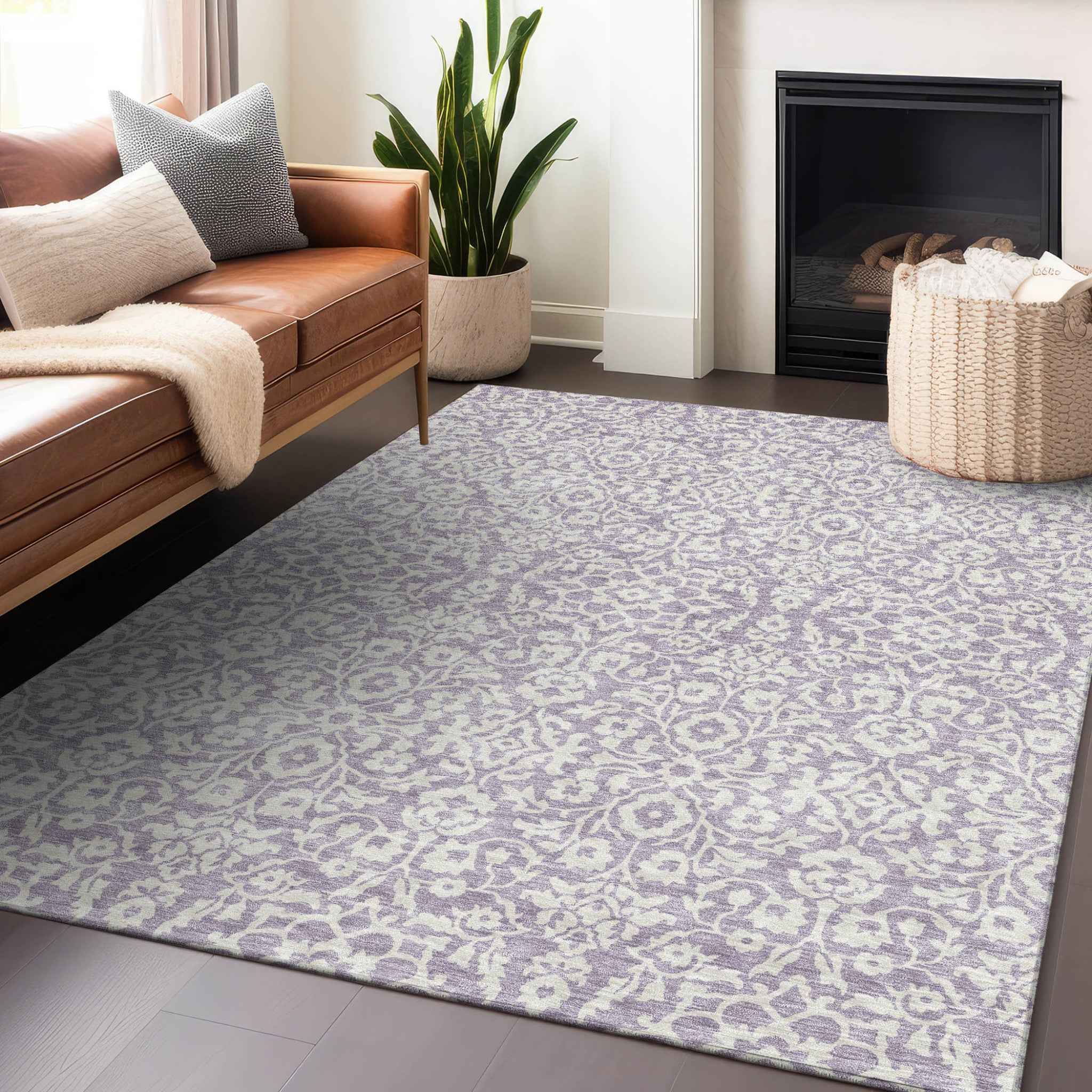 3' X 5' Lavender And Ivory Damask Washable Indoor Outdoor Area Rug