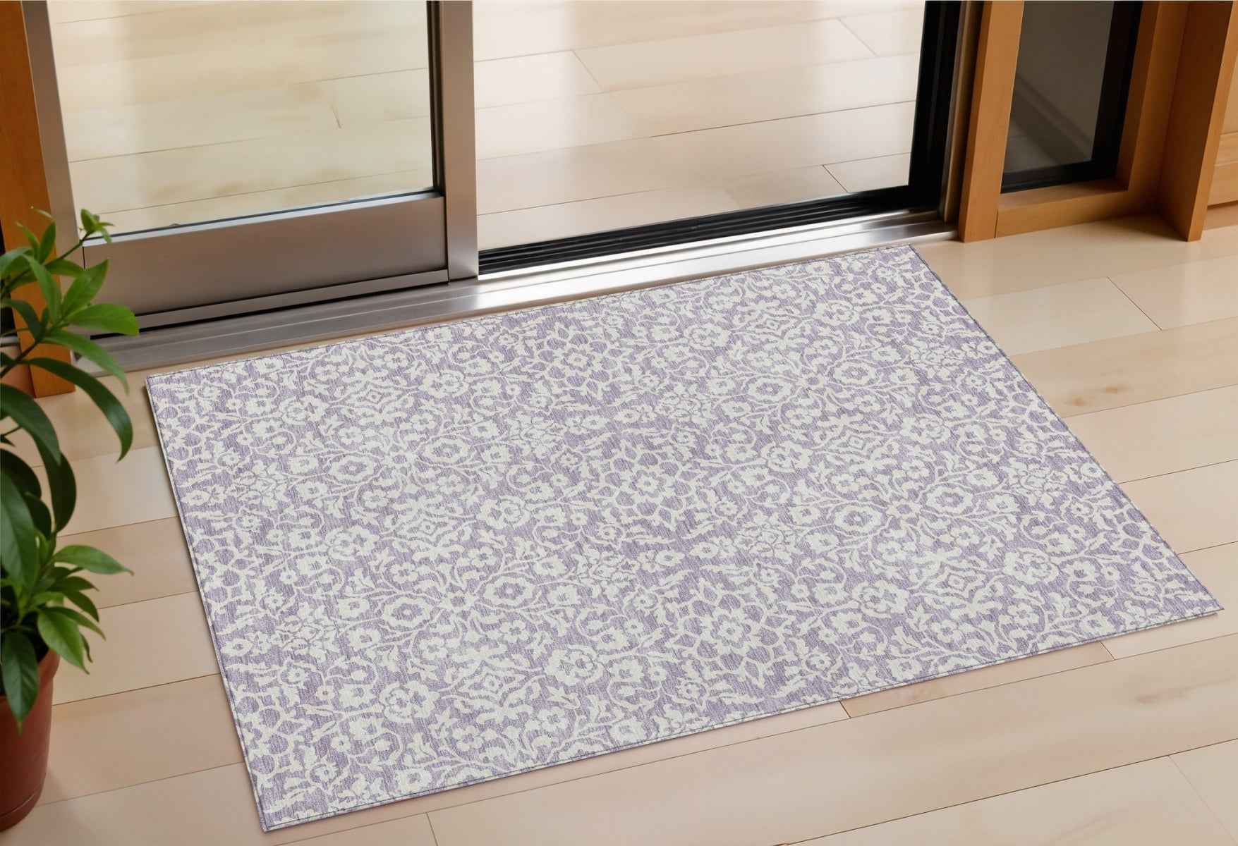 3' X 5' Lavender And Ivory Damask Washable Indoor Outdoor Area Rug