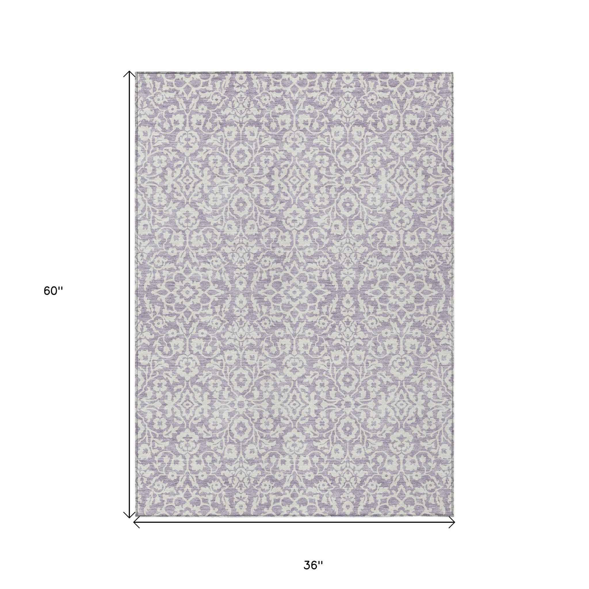 3' X 5' Lavender And Ivory Damask Washable Indoor Outdoor Area Rug