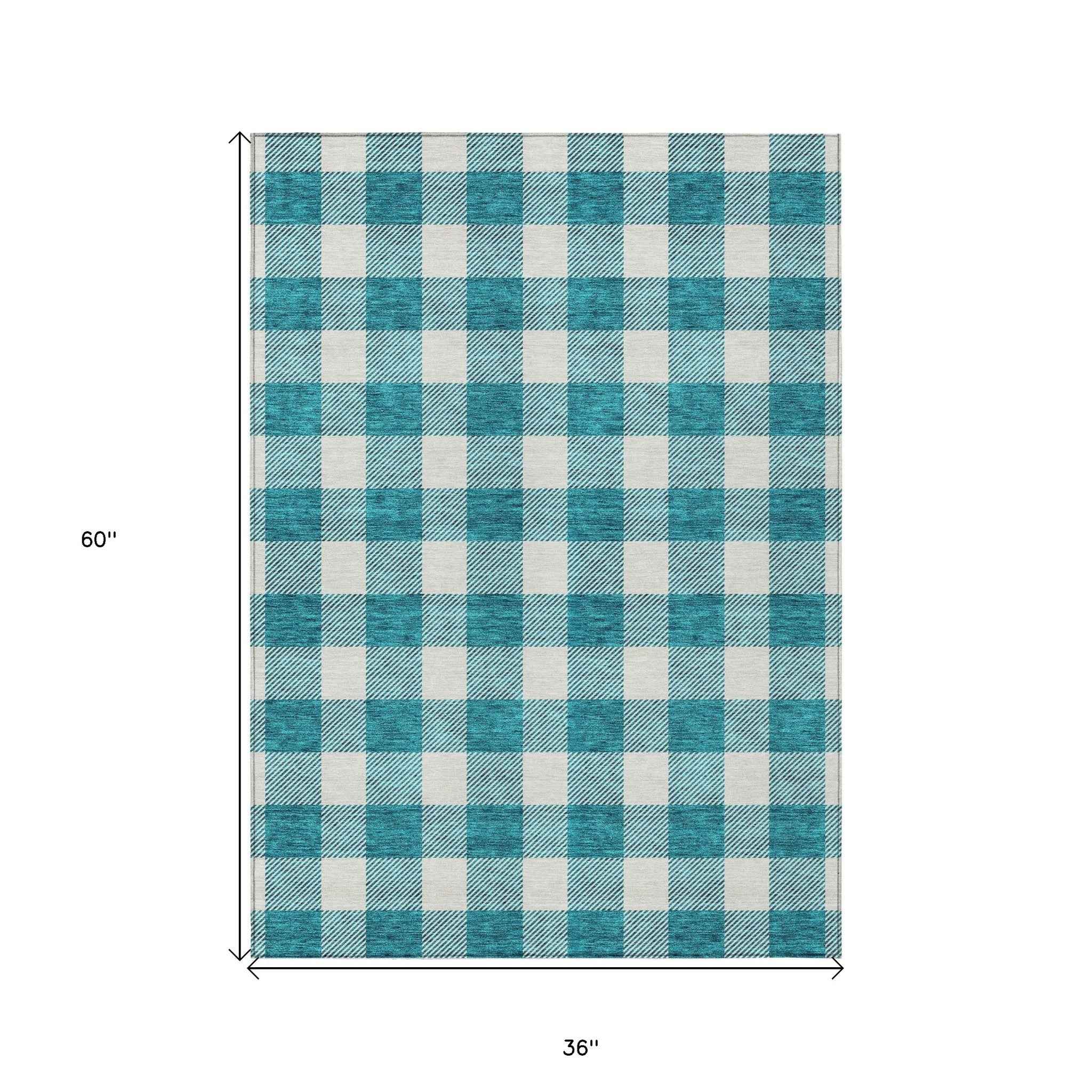 3' X 5' Teal Blue And Gray Plaid Washable Indoor Outdoor Area Rug