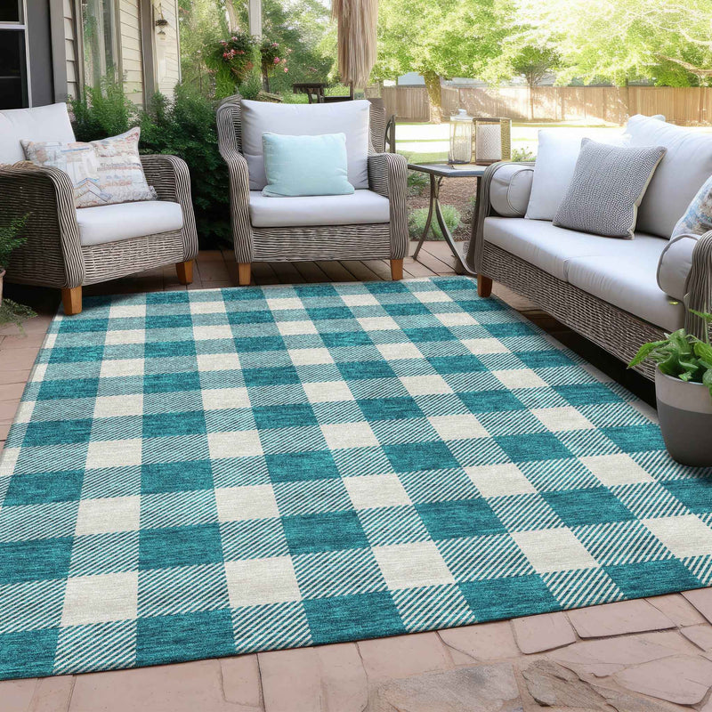 3' X 5' Teal Blue And Gray Plaid Washable Indoor Outdoor Area Rug