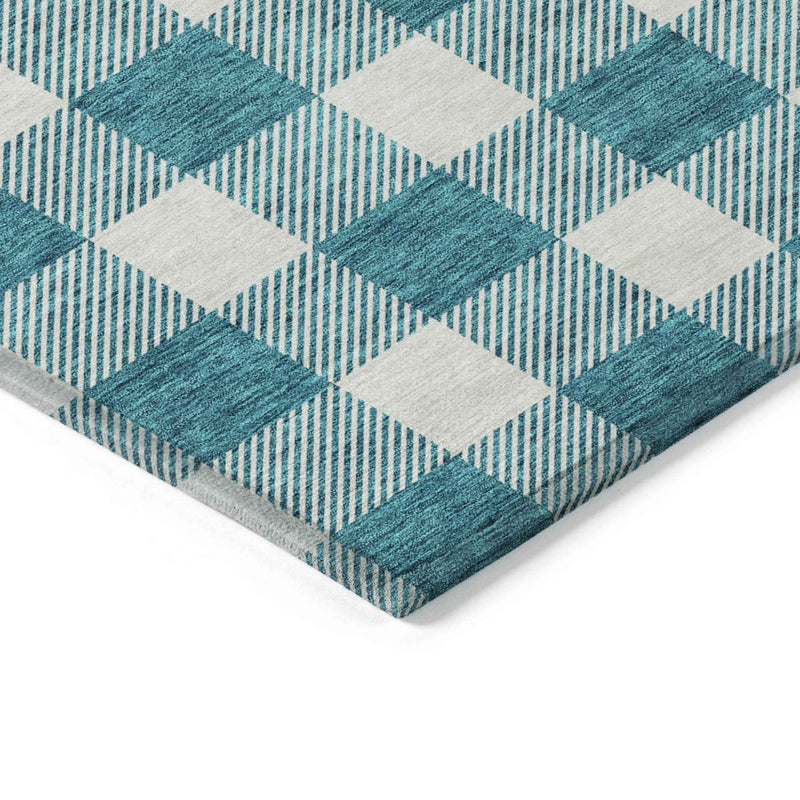 3' X 5' Teal Blue And Gray Plaid Washable Indoor Outdoor Area Rug