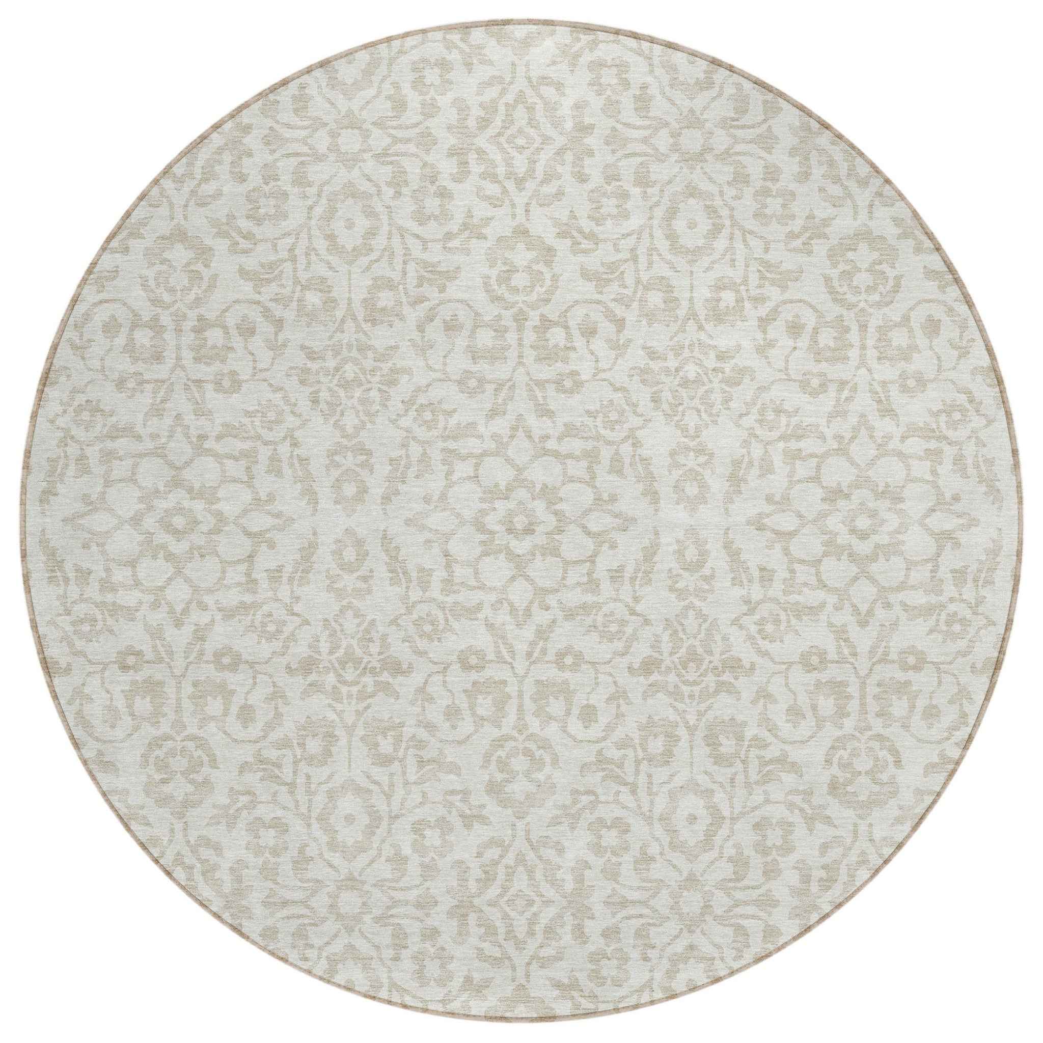 8' Ivory And Beige Round Damask Washable Indoor Outdoor Area Rug